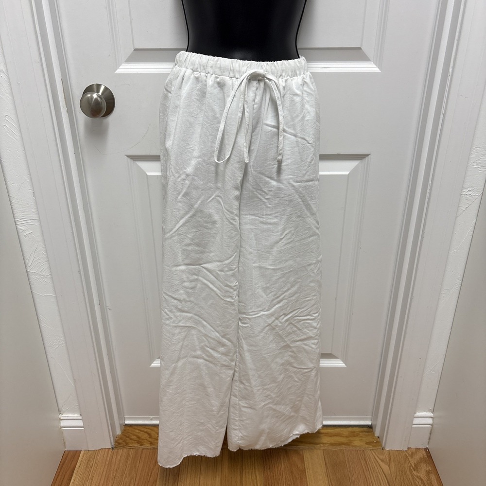 Women's White Wide Leg High Rise Pull On Drawstring Elastic Waist Pants Raw Hem